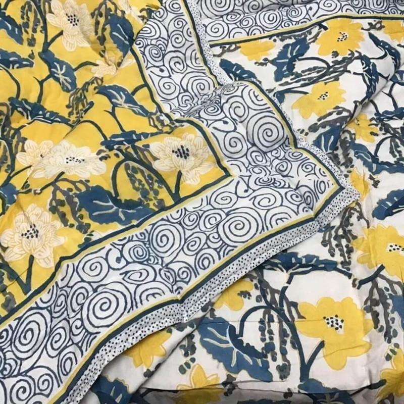 Natural Habitat Hand Block Printed Reversible Queen Quilt, Asian Lotus 