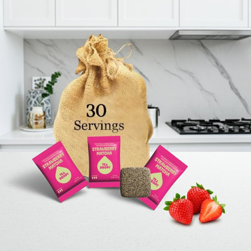 Tea Drops 30 Bulk Pack Organic Bagless Tea in Burlap Bag, Strawberry Matcha Tea