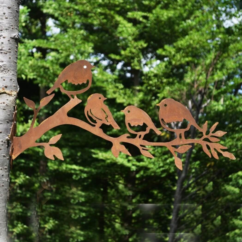 Handmade Family of Rusty Metal Birds Perched on A Branch Garden Sculpture