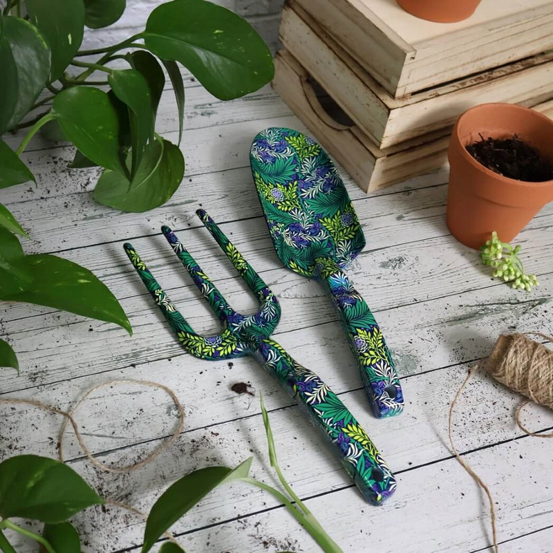 Robert Frederick Orange Grove Gardening Tool Set, Fork & Trowel, William Morris Design Larkspur, Green