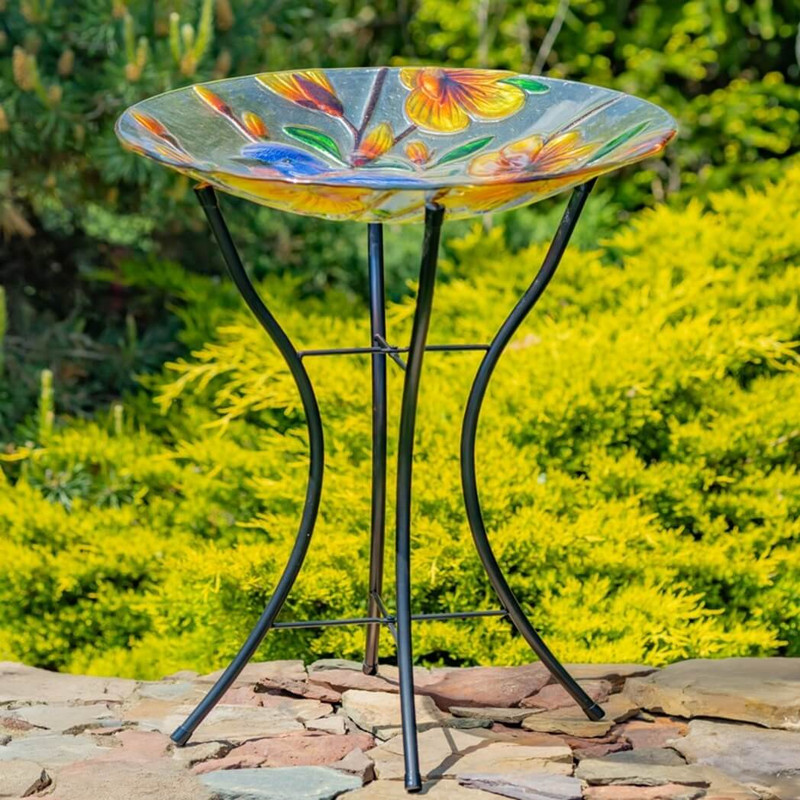 Zaer 18" Glass Bowl Bluebird Birdbath with Metal Stand, Idaho
