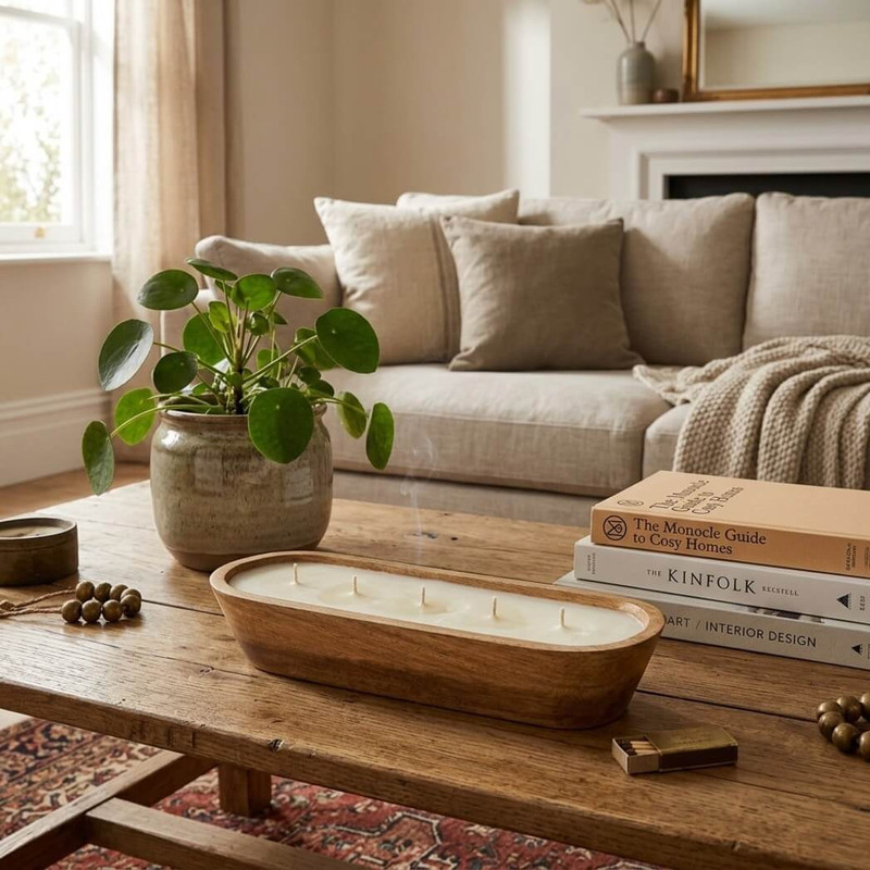 Lone Elm Sweet Vanilla Scented Candle in a Wooden Oval Design Bowl