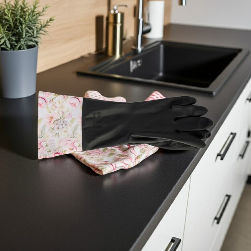 Core Home Cuffed Latex Cleaning & Dishwashing Gloves, Black/Botanical