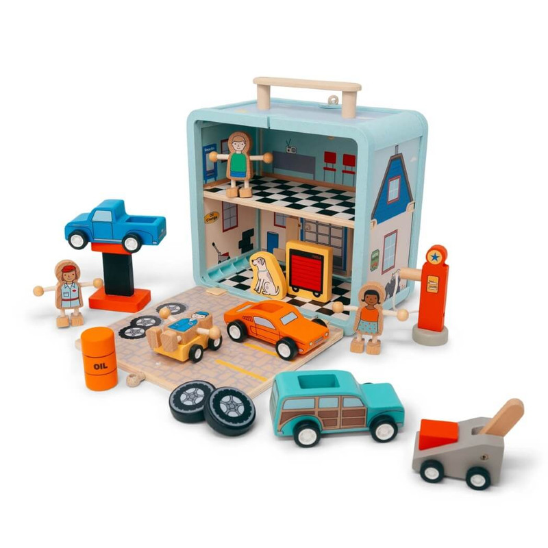 Jack Rabbit Creations- Auto Repair Shop Suitcase Playset - Portable Wooden Toy Set