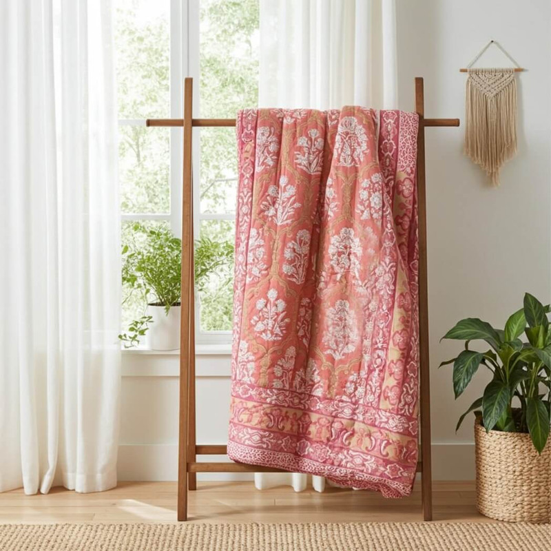 Natural Habitat Hand Block Printed Reversible Queen Quilt, Noor