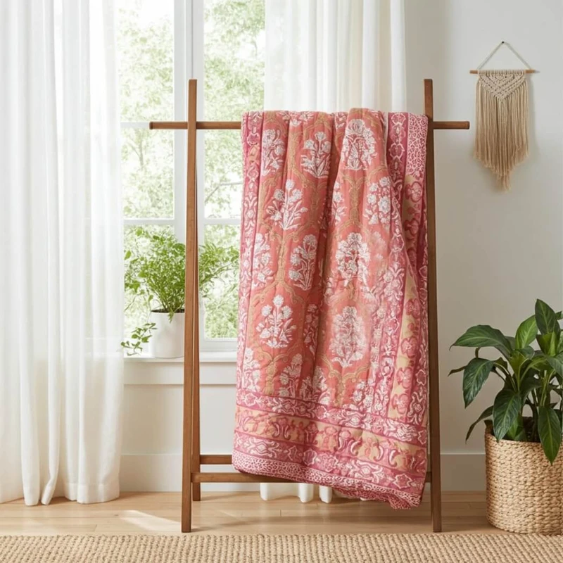 Natural Habitat Hand Block Printed Reversible Queen Quilt, Noor