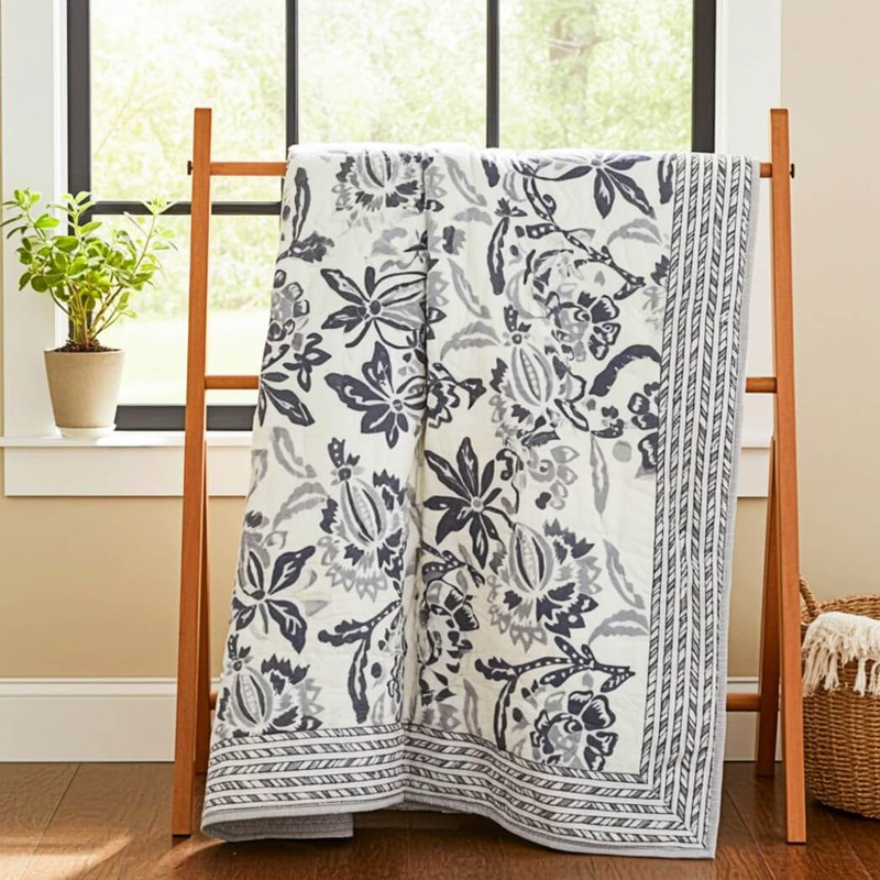 Natural Habitat Hand Block Printed Reversible Queen Quilt, Milkweed