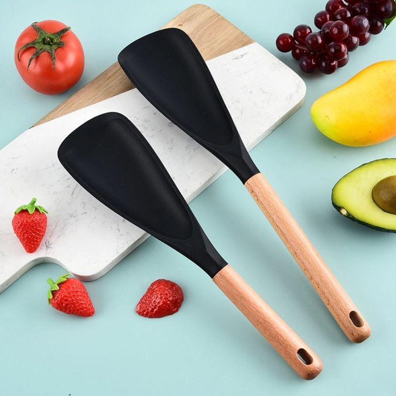 Set of Silicone Cooking Spoons/Scoops, Heat-Resistant, Wooden Handle in 2 sizes, Black
