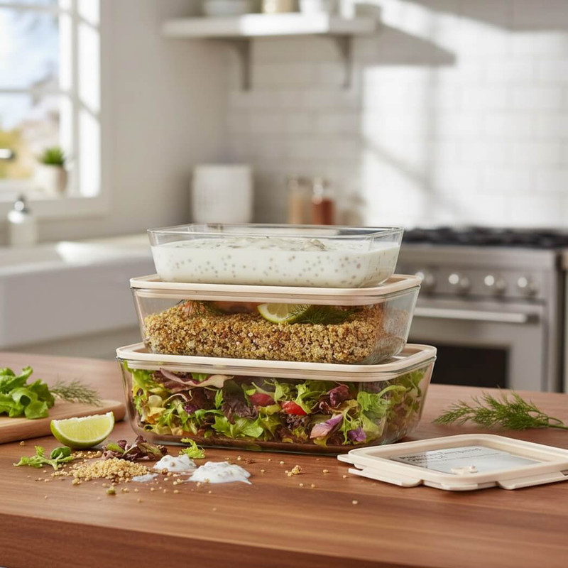 Glass Storage Container Set, with Lids, Rectangular, Clear/Sand, Set of 3