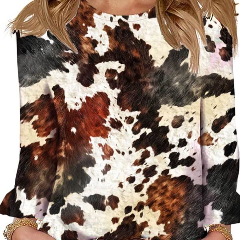 Galleria Crew Neck Blouse - Cow Print Top