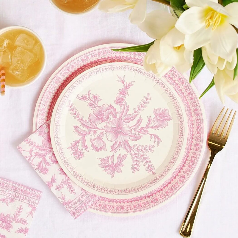 Coterie Small French Toile Plates, Pack of 10, Pink & White, 7.25"