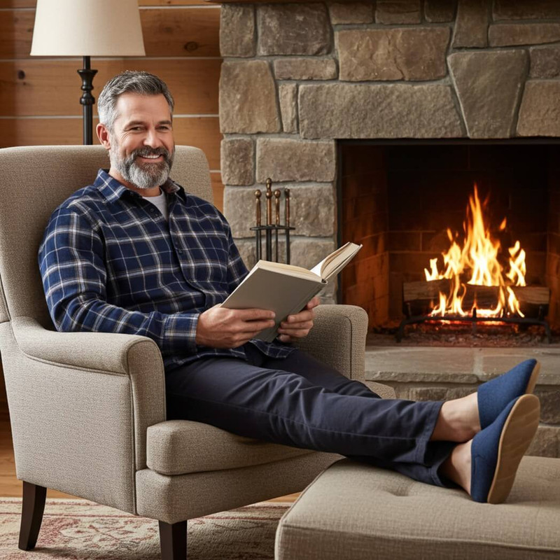 Men's Non-Slip Hard Sole Wool Blend  Washable Slip-On Slippers, Blue