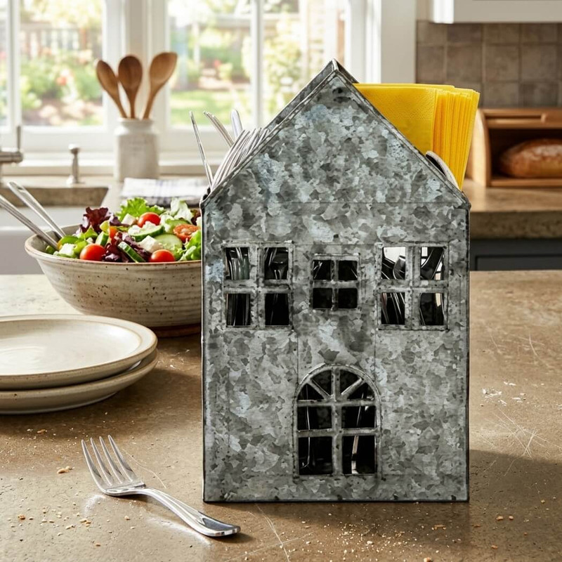 Boston Warehouse Galvanized Metal House 4 Section Flatware Caddy