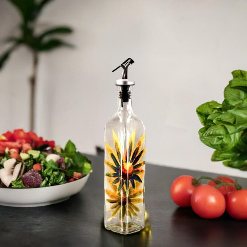 Grant Howard Hand Painted Floral Glass Oil Dispenser Bottle, 16-Oz