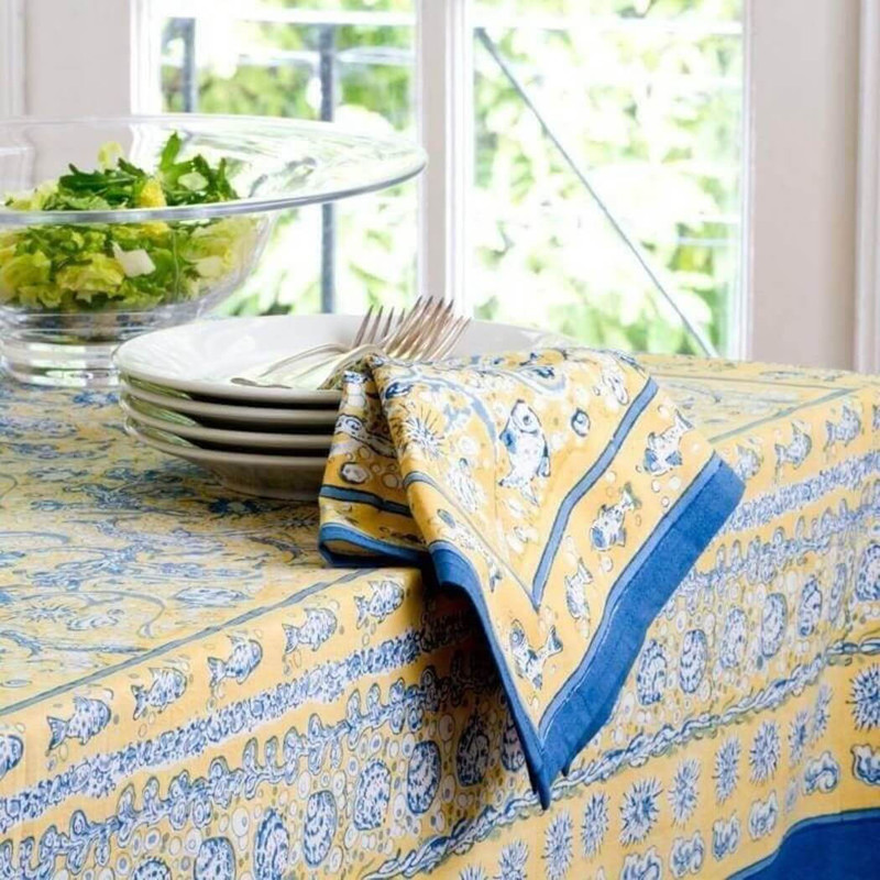 Couleur Nature La Mer Blue/Yellow French Tablecloth Rectangular, 71 x 106