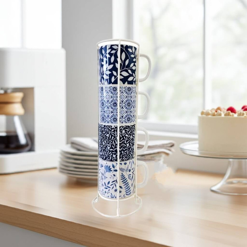 Boston Warehouse Blue & White Pattern 14-oz Stacked Mugs with Stand, Set of 4 Boston Warehouse Blue & White Pattern 14-oz Stacked Mugs with Stand, Set of 4