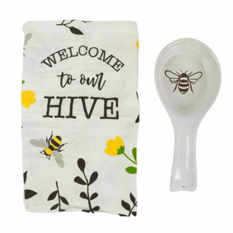 Boston Warehouse Spoon Rest & Tea Towel Set, Welcome Hive 