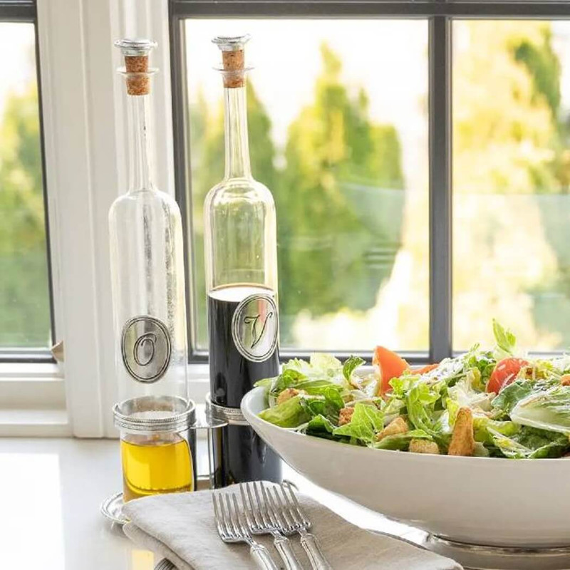 Arte Italica Tavola Tall Glass Oil and Vinegar Bottles with Pewter Caddy