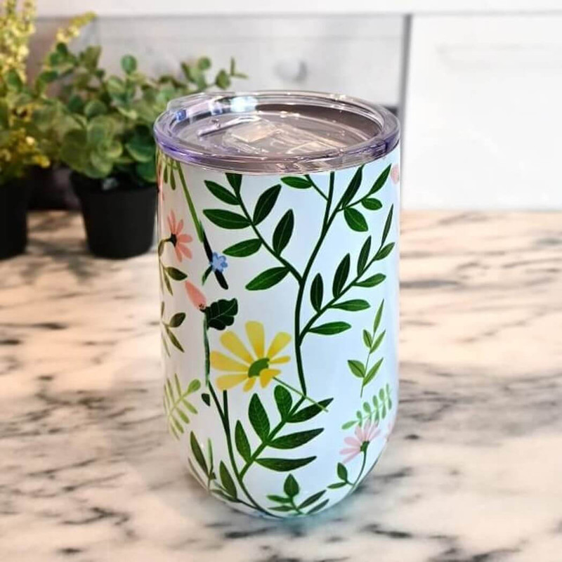 Boston Warehouse Stainless Steel Stemless Wine Glass with Lid, Wildflowers Boston Warehouse Stainless Steel Stemless Wine Glass with Lid, Wildflowers