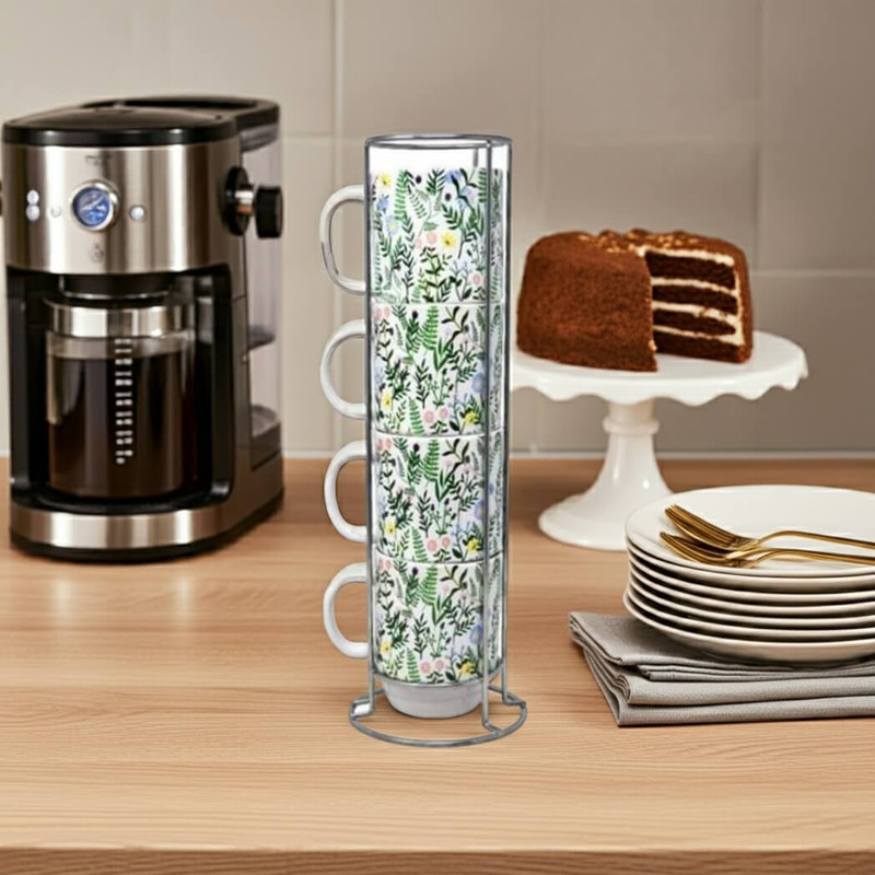 Boston Warehouse Wildflower 14-oz Stacked Mugs with Stand, Set of 4 Boston Warehouse Wildflower 14-oz Stacked Mugs with Stand, Set of 4