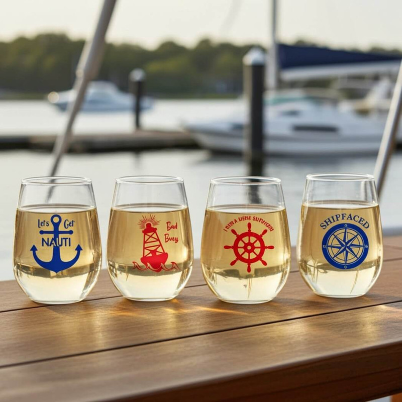 Wine-Oh Ocean Sprit 16-Ounce Stemless Wine Glasses, Set of 4