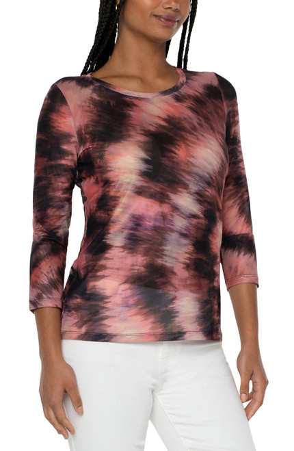 SLEEVE PRINTED MESH CREW NECK KNIT TOP