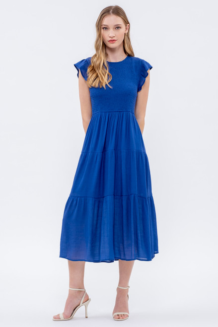 SMOCKED TIERED MIDI DRESS