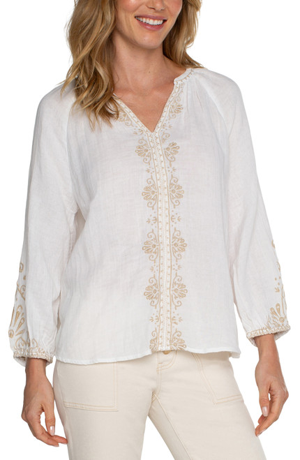 LONG SLV EMBROIDERED DOUBLE GAUZE WOVEN TOP
