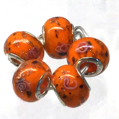 #54 - 10x14mm Large Hole 925 Sterling Silver Corn Shimmer Dots w/Roses on Orange Roundelle Glass Beads (1 Bead)