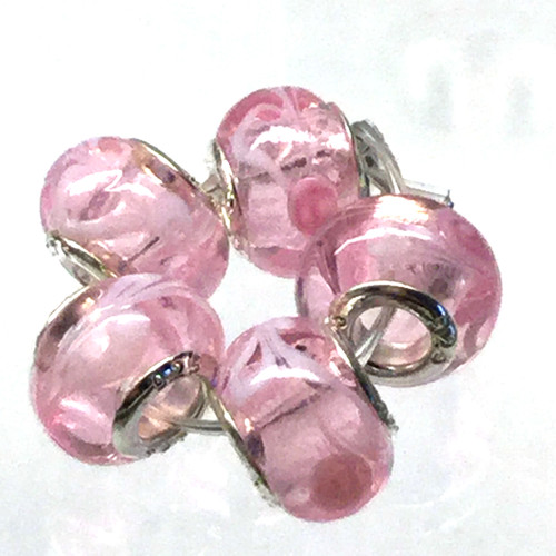 #55 - 10x14mm Large Hole 925 Sterling Silver Corn Transparent Pink w/White Vines  Rondelle Glass Beads (1 Bead)