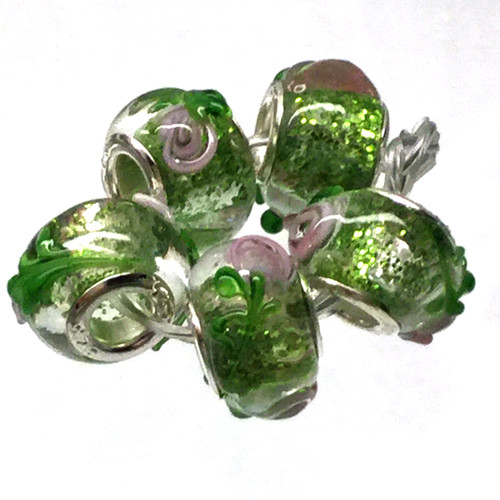 #68 - 10x14mm Large Hole 925 Sterling Silver Corn Green Shimmer w/Rose Rondelle Glass Beads (1 Bead)