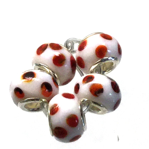 #91 - 10x14mm Large Hole 925 Sterling Silver Corn Red Dots on White Rondelle Glass Bead (1 Bead)