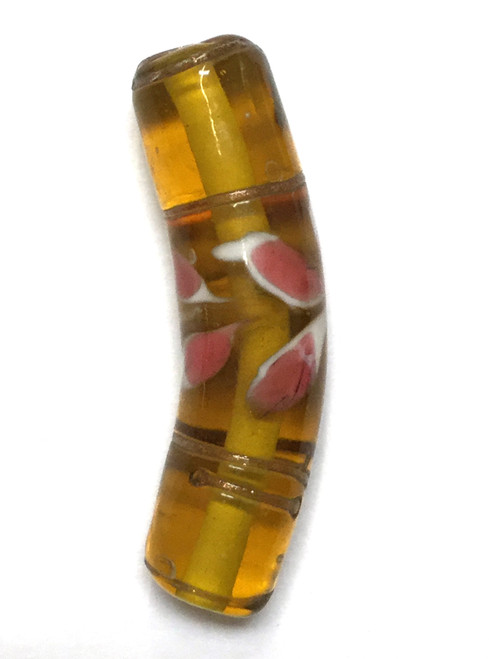 Aj 1106 - 38x10mm Amber w/Pink Floral Bended Tube Bead
