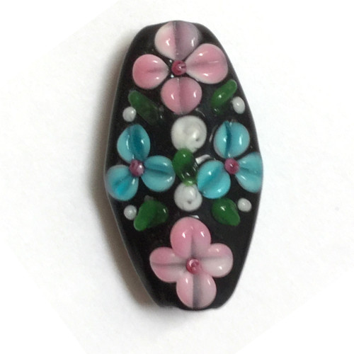 Aj 1319 - 28x16x10mm Flat Oval Black Bead w/Pink & Blue Flowers