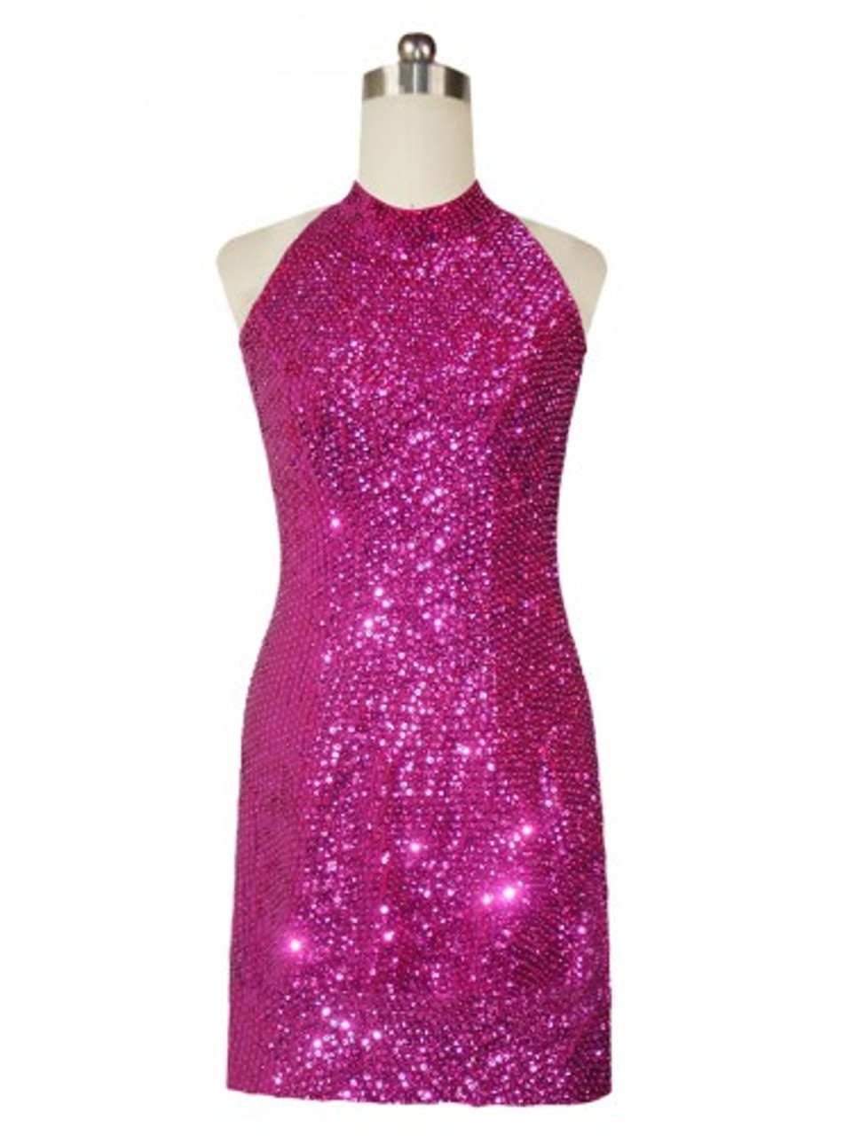 Halter Short Fuchsia Glitter Dresses