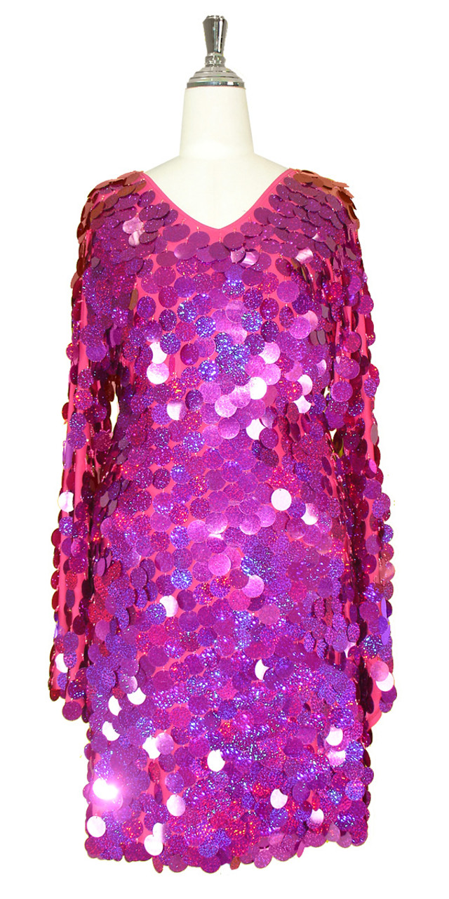 Short V-neck Dress | Paillette Sequin Spangles | Hologram Fuchsia ...