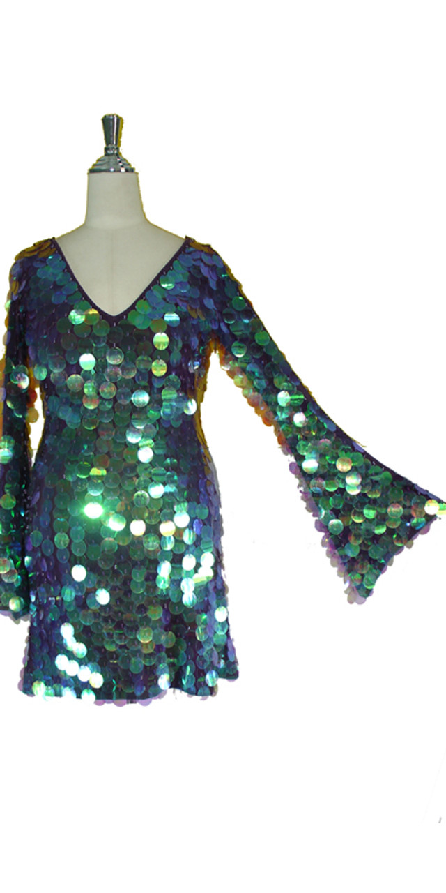 Short Dress with Sleeves | Purple Paillette Sequin Spangles | V-Neck ...
