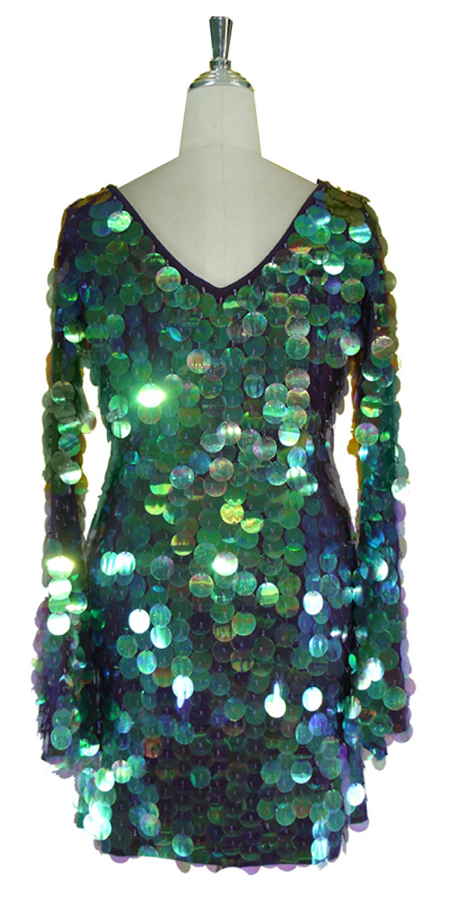 Short Dress with Sleeves | Purple Paillette Sequin Spangles | V-Neck ...