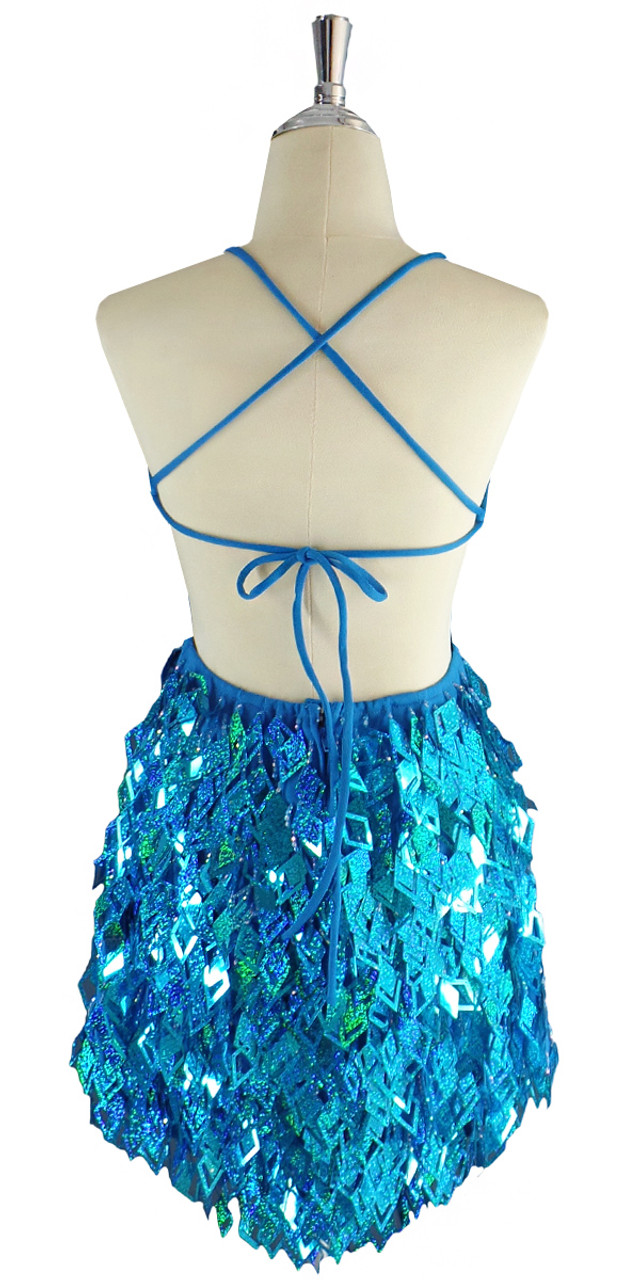 A short handmade sequin dress, with 10mm hologram turquoise fishscale ...