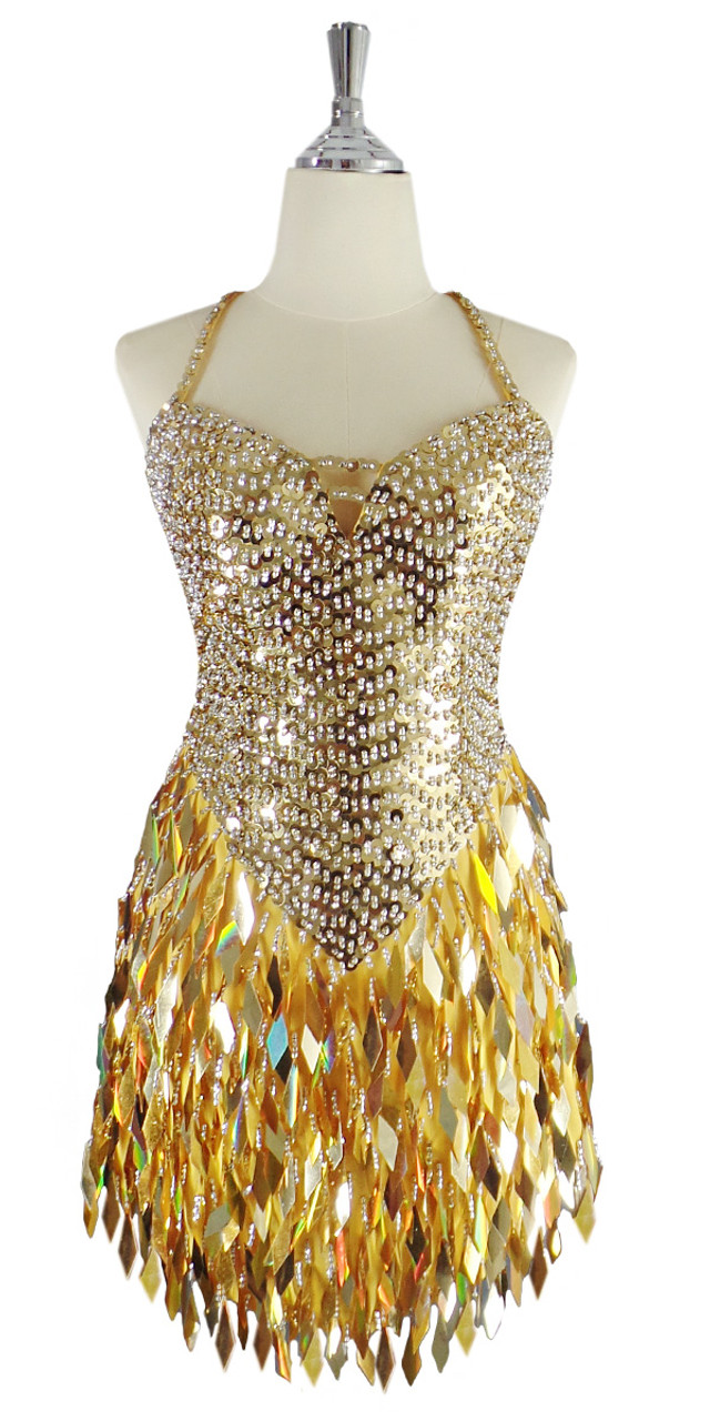 A short handmade sequin dress, with 10mm flat gold sequins with faceted ...