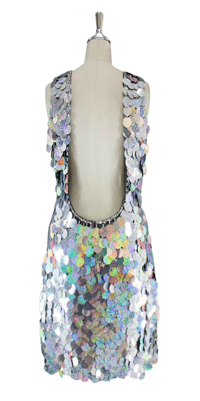 A short handmade sequin dress, in 30mm hologram silver paillette ...