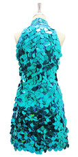 Short Handmade 30mm Paillette Hanging Metallic Turquoise Sequin Dress with Chinese Neckline back view