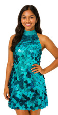 Show Choir Short Handmade Paillette Metallic Turquoise Sequin Dress with Chinese Neckline