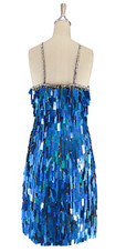 A short handmade sequin dress, in rectangular hologram blue paillette sequins with silver faceted beads back view.