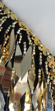 Short Handmade Rectangular Paillette HangingGold and Black Sequin Dress Close up view