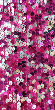 A short sequin fabric dress, in Duality fuchsia and silver sequins close up view