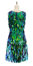 A short handmade sequin dress, in rectangular iridescent green paillette sequins with silver faceted beads back view