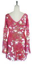 Short Handmade 30mm Paillette Hanging Iridescent Pink Sequin Dress with V Neck and Oversized Sleeves Back View