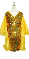 Short Handmade 30mm Paillette Hanging Hologram Gold Sequin Dress with V Neck and Oversize Organza Sleeves Front View