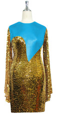 Short patterned dress with oversized sleeves in gold sequin spangles fabric and turquoise stretch ITY fabric Front View